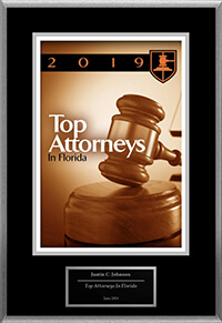 2019 Top Attorneys in Florida award plaque featuring Justin C. Johnson