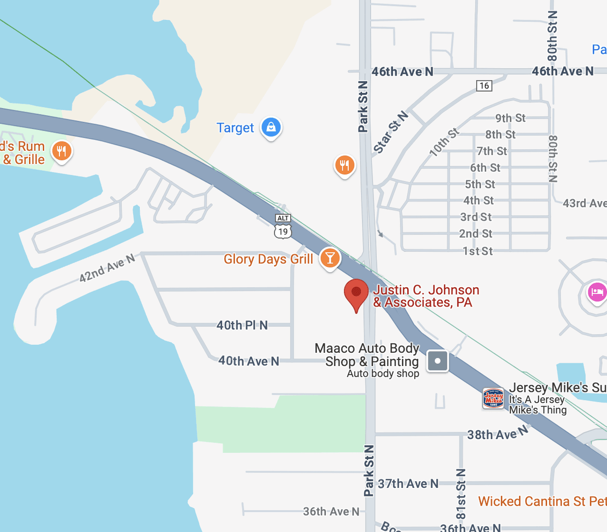Map to Justin C. Johnson & Associates, 4020 Park St N, St. Petersburg—car crash, motorcycle, slip & fall, product liability, wrongful death.