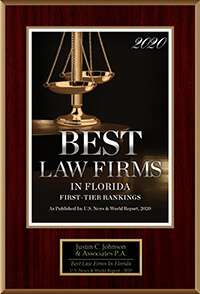 2020 “Best Law Firms in Florida” plaque—Justin C. Johnson & Associates; personal injury for car crashes, motorcycle, auto/pedestrian, slip & fall, product liability.